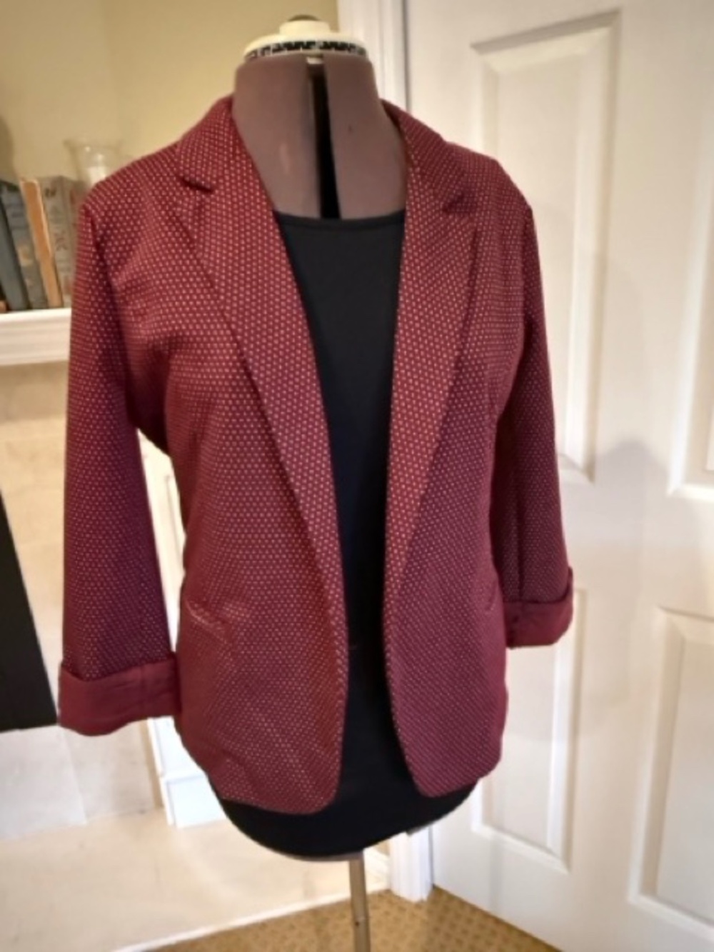 Skies Are Blue Burgundy Print Blazer Rolled Cuff Size L